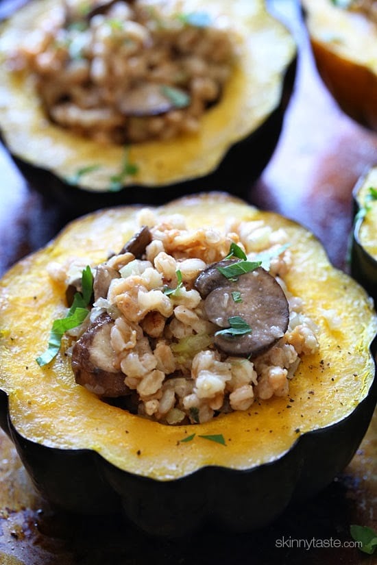 This simple savory sausage stuffed acorn squash is easy to make and filled with the wonderful flavors of Fall. The stuffing is made with farro, chicken sausage, mushrooms, celery, onions and sage – you'll love this!