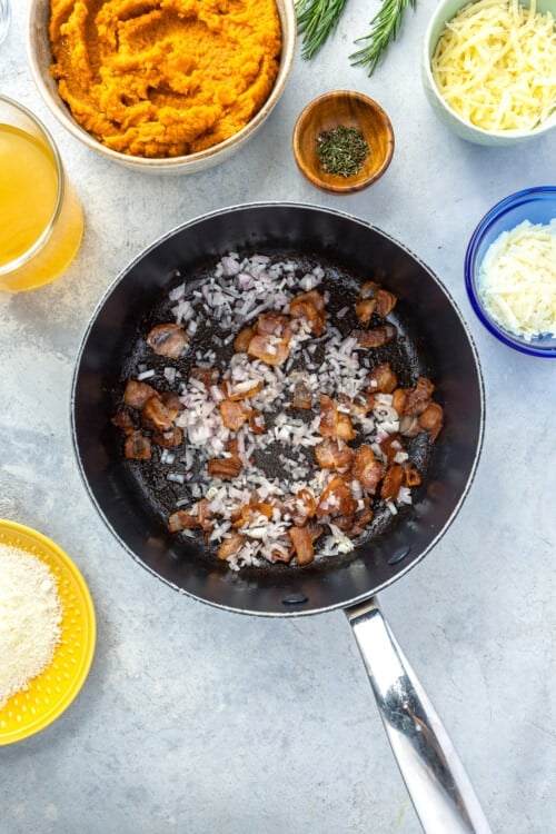skillet with pancetta and shallots