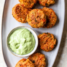 Baked Salmon Cakes with avocado dipping sauce.