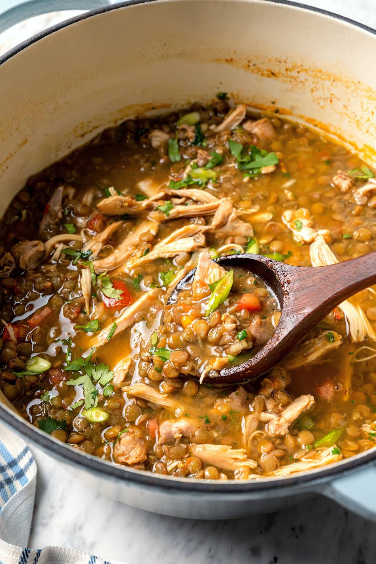 This chicken lentil soup is hearty, flavorful, and easy to make. It’s a nourishing, protein-packed meal perfect for cold days. Ladling chicken lentil soup from Dutch oven.