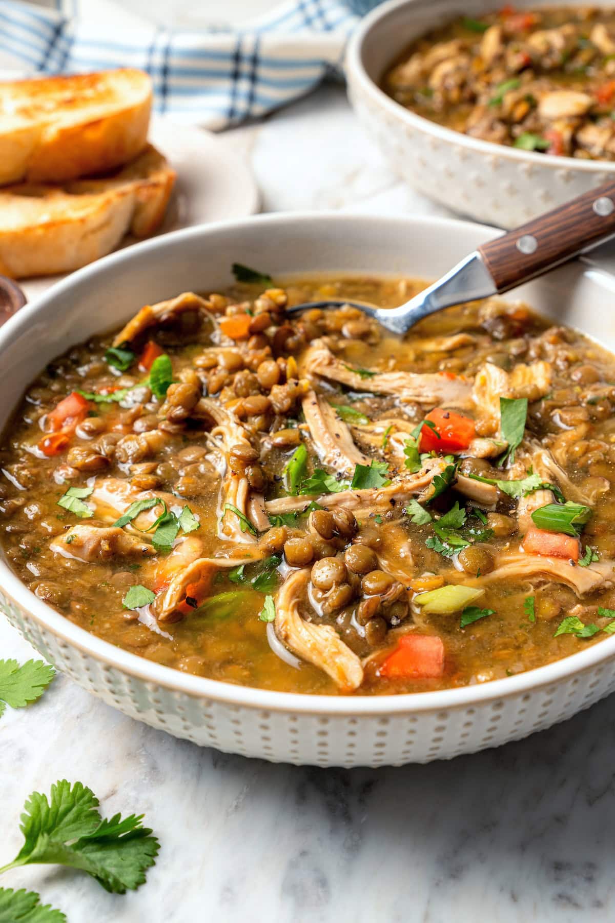 This chicken lentil soup is hearty, flavorful, and easy to make. It’s a nourishing, protein-packed meal perfect for cold days. Bowl of chicken lentil soup with spoon.