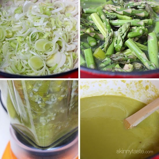 Cream of asparagus with the addition of leeks, a relative of onions, scallions and shallots, topped with a dollop of creme fraiche makes this one of my favorite Spring soups.