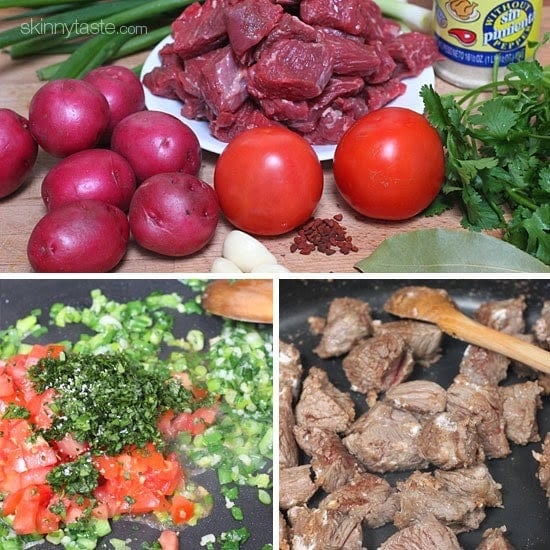 Crock pot carne guisada is a slow cooked Latin beef stew with baby red potatoes and Latin seasonings. Serve this topped with fresh aji picante – it's a must and really brightens the flavors and rounds out the dish!