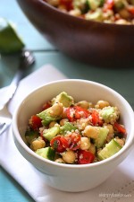 Quinoa chickpea and avocado salad with cucumbers, tomatoes, red onion, lime juice and cilantro – a flavorful vegetarian salad loaded with protein, fiber and healthy fats.