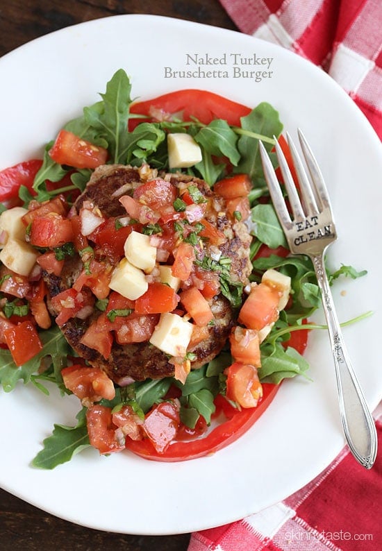 Naked Turkey Bruschetta Burger are healthy, delicious, turkey burgers made juicy thanks to added zucchini and topped with a summer garden tomato bruschetta