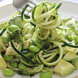 Spiralized Raw Zucchini Salad with Avocado and Edamame is a fresh, quick and delicious salad that takes less than 5 minutes to make, start to finish and there's no cooking involved. It's perfect for the summer because you won't heat up your kitchen!