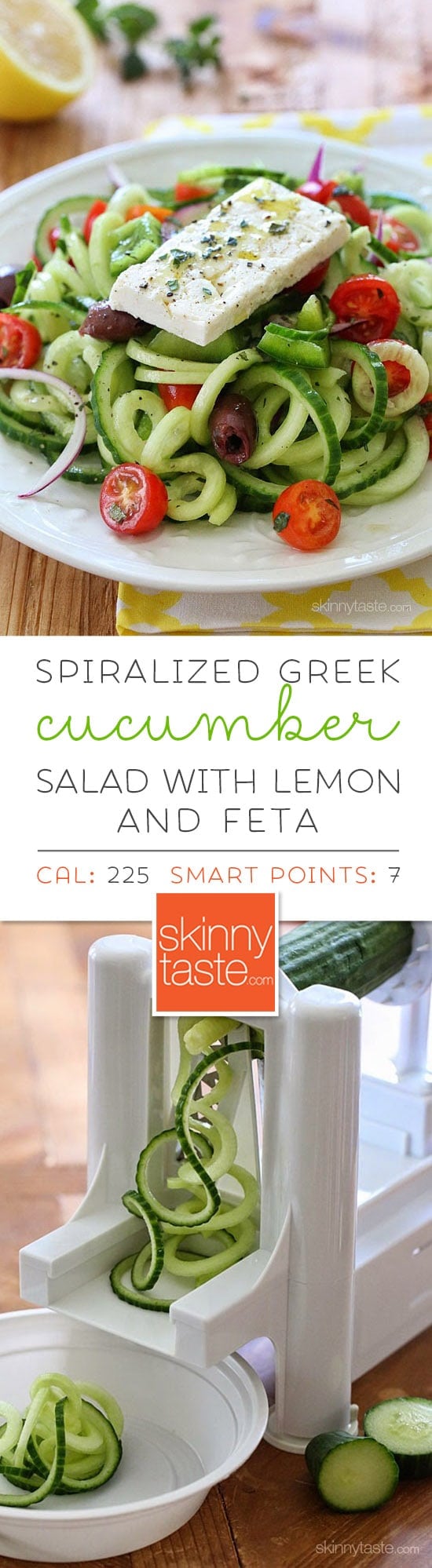 Spiralized Greek Cucumber Salad with Lemon and Feta is delicious, the perfect light dish. In Greece, Greek salads do not have lettuce, instead they are made with fresh cucumber, tomatoes, bell pepper, olives, red onion, oregano, lemon juice, olive oil, and fresh feta – delicious! Rather than chopping my cucumbers, I spiralized them which is so much quicker and pretty too!