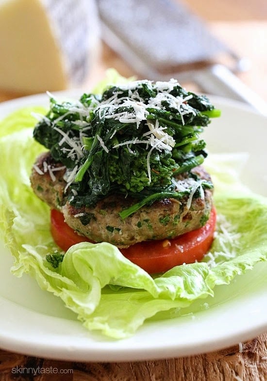 These Broccoli Rabe Turkey Burgers are deliciously flavorful – I skipped the bun, served them over lettuce and topped with sauteed broccoli rabe