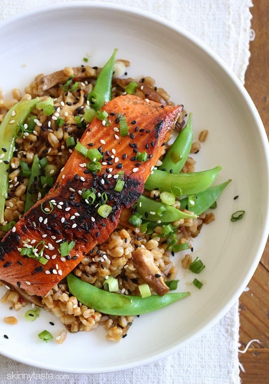 Asian Farro Medley with Salmon is made with shiitake mushrooms, snap peas, ginger, garlic and spices. Not only is this dish absolutely delicious, it's also high in protein, omega-3's and is ready in about 30 minutes.