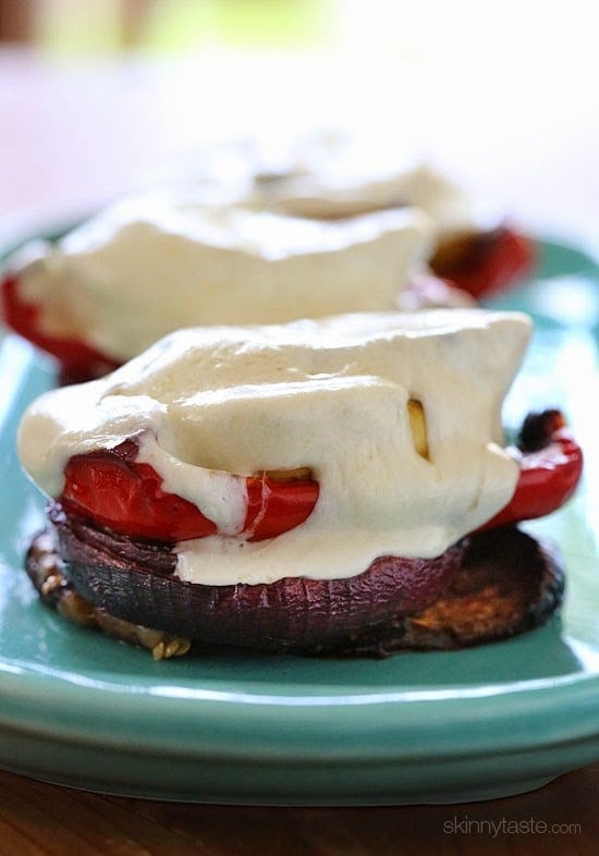 Grilled Veggie Towers with Mozzarella Grilled Vegetable Towers with Mozzarella are layered with grilled, marinated eggplant, zucchini, yellow squash, red onion and bell peppers topped with fresh mozzarella.