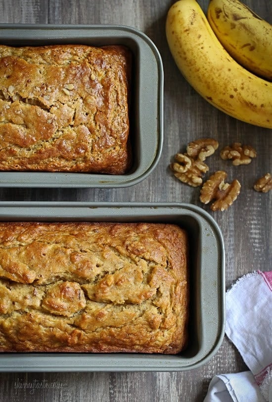 Delicious, low-fat, gluten-free banana nut bread made two-ways! So moist and delicious, you can't tell it's light. My family went bananas for this!!