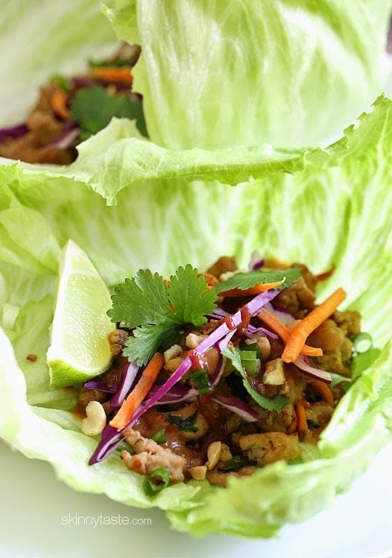 Thai Chicken Peanut Lettuce Tacos Not your ordinary tacos – these Thai chicken lettuce tacos are spicy and exotic, made with my light peanut sauce which I make with PB2 (powdered peanut butter) sriracha, ginger and spices. To balance out the spice, I chose to serve these in crisp cool lettuce wraps but tortillas would work great too!