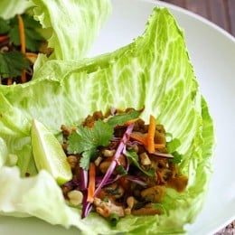 Not your ordinary tacos – these Thai chicken lettuce tacos are spicy and exotic, made with my light peanut sauce which I make with PB2 (powdered peanut butter) sriracha, ginger and spices. To balance out the spice, I chose to serve these in crisp cool lettuce wraps but tortillas would work great too!