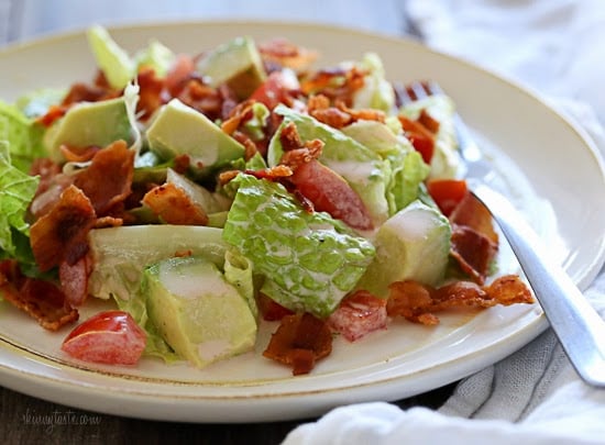 BLT Salad with Avocado is my low-carb solution to the classic sandwich! Made with center cut bacon, lettuce, tomatoes and avocado in a light dressing.