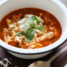 Everything you love about lasagna – all in one bowl of soup! Loaded with chicken sausage, lasagna noodles, marinara and cheese. It's easy, filling, hearty and perfect for a cold winter night.
