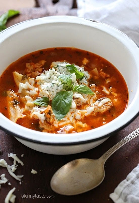 Lasagna Soup has everything you love about lasagna – all in one bowl of soup! Loaded with chicken sausage, lasagna noodles, marinara and cheese. It's easy, filling, hearty and perfect for a cold winter night. Everything you love about lasagna – all in one bowl of soup! Loaded with chicken sausage, lasagna noodles, marinara and cheese. It's easy, filling, hearty and perfect for a cold winter night.