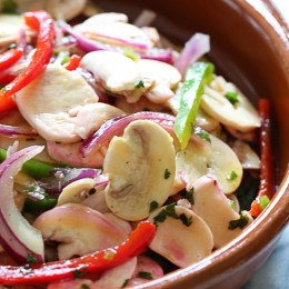 Mushroom ceviche marinated overnight with lemon juice, cilantro, red onion and bell pepper. All the flavors of ceviche without the seafood! 100% Vegetarian!