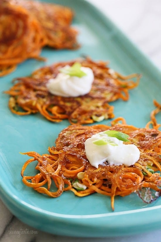Spiralized Sweet Potato Latkes - a healthier sweet potato pancake!