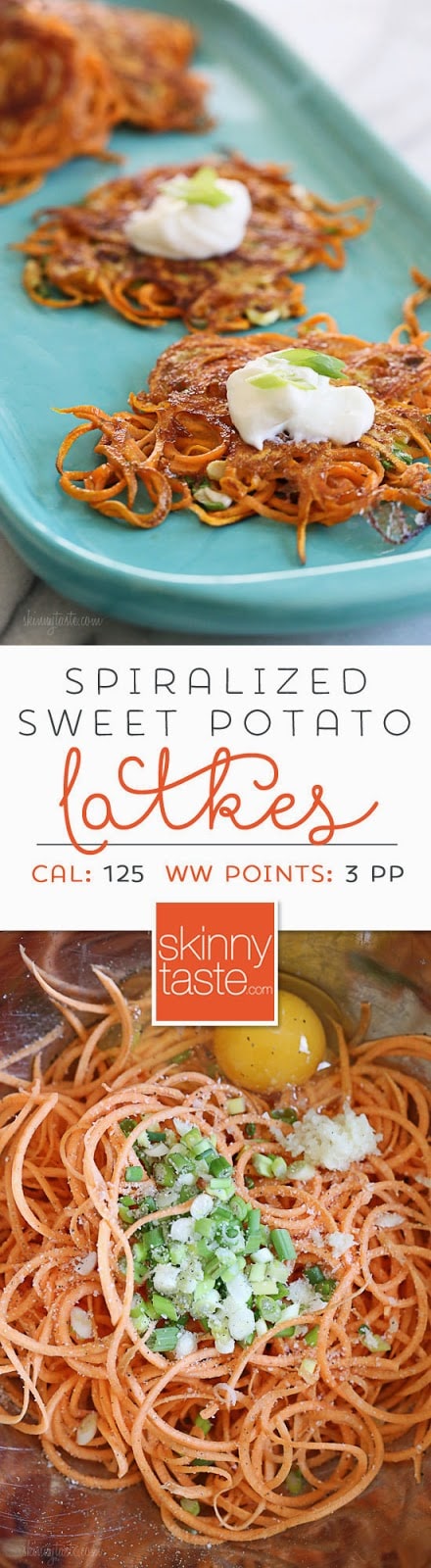 Spiralized Sweet Potato Latkes Spiralized Sweet Potato Latkes – an easier, healthier, sweet potato pancake.