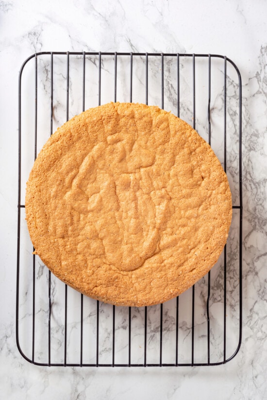 This easy almond cake recipe is made with just 5 ingredients but don't let its simplicity fool you—it's light, airy, and so delicious! Overhead view of almond cake on wire rack