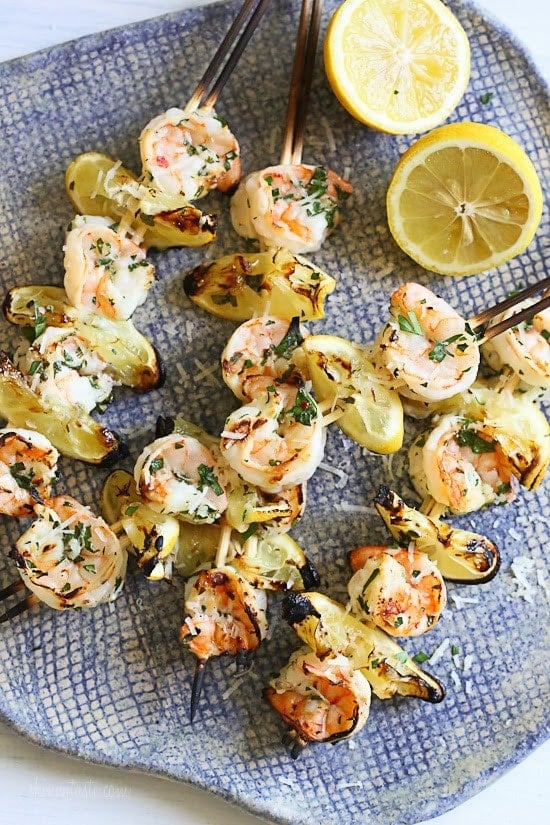 Grilled Shrimp Scampi Skewers Grilled Shrimp Scampi Skewers – lemon, garlic, parmesan and parsley are the perfect combination for these delicious skewers!