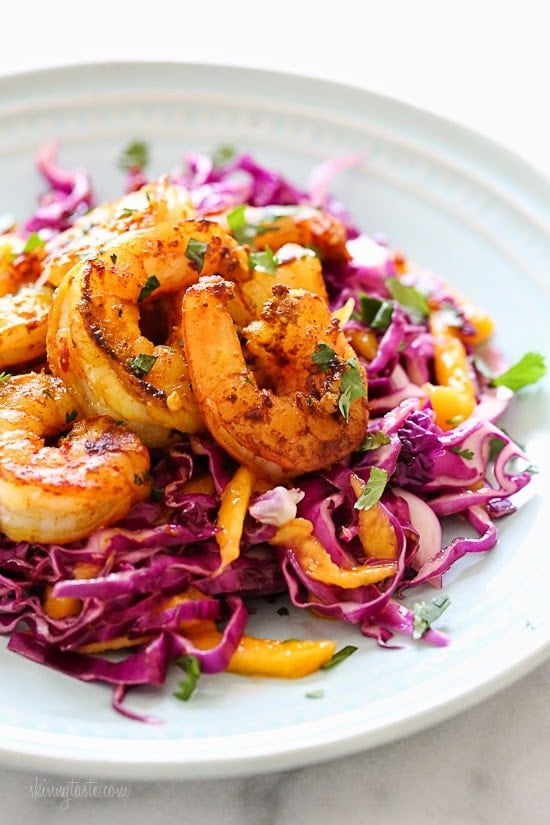 Turmeric-Garlic Shrimp with Cabbage-Mango Slaw Turmeric Shrimp with mango and cabbage slaw