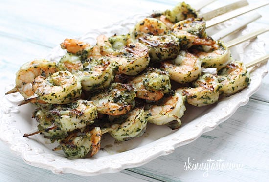 Grilled Pesto Shrimp Skewers These easy Grilled Pesto Shrimp Skewers are made with homemade basil pesto, you'll want to make them all summer long!