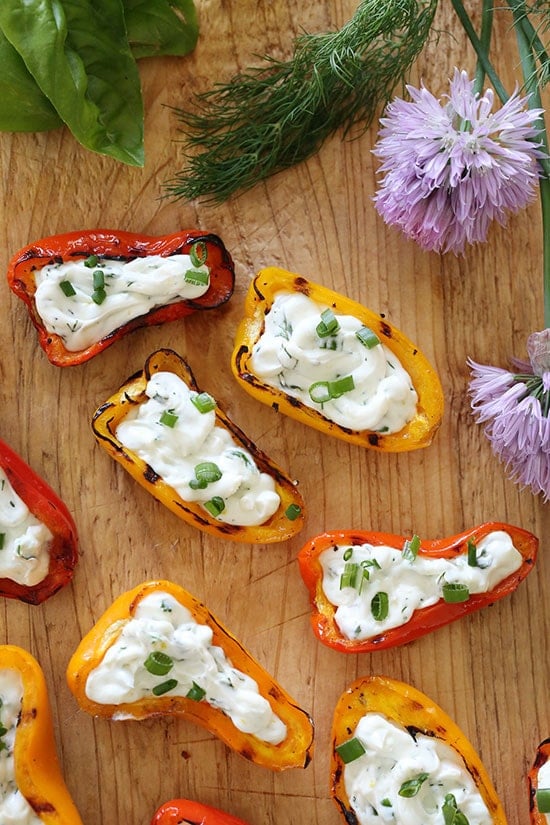 Grilled Rainbow Peppers with Herb Cream Cheese – an easy summer appetizer!