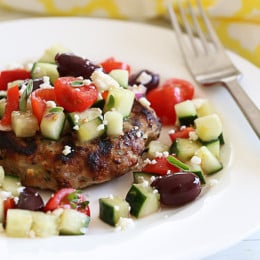 I adapted my original turkey burger recipe and added fresh oregano and Feta cheese to the burgers. Then I made a simple Greek salad with cucumbers, tomatoes, red onion and a package of Salad Savors and the results were outstanding! I'll be making these all summer.