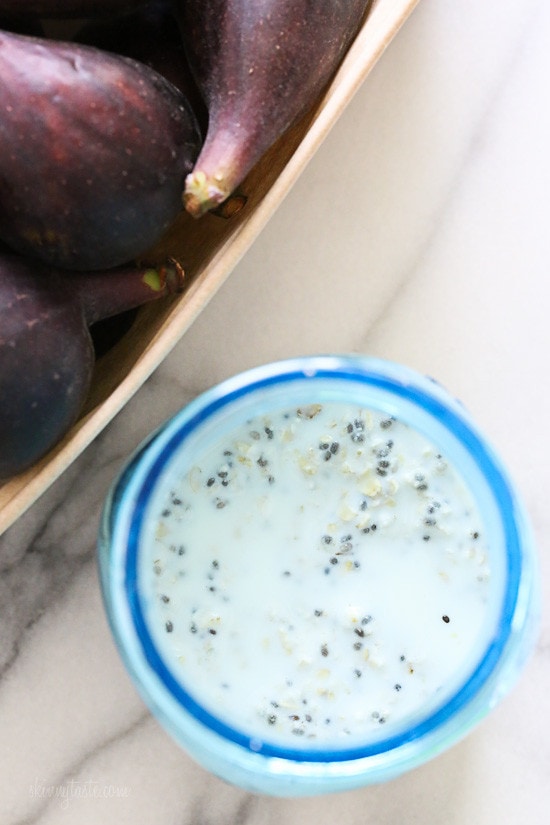 Overnight oats are so simple to make, I just soak the oats a few hours or overnight in any kind of milk along with chia seeds, then top with honey and figs. No cooking required!