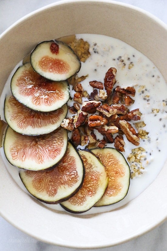 Overnight oats are so simple to make, I just soak the oats a few hours or overnight in any kind of milk along with chia seeds, then top with honey and figs. No cooking required!