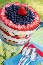 A heavenly mixed berry trifle made with summer fresh blueberries, strawberries, white chocolate pudding, angle foods cake and whipped cream.