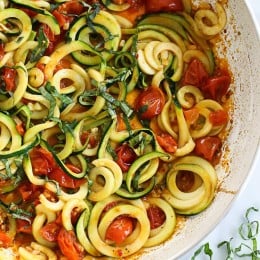 I think it was on an episode of MasterChef Junior that I heard the quote "what grows together, goes together" which makes so much sense. Zucchini, tomatoes and basil are just made for each other, you can serve as a side dish, as suggested, or even as a main dish topped with some grilled shrimp or chicken.