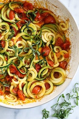 I think it was on an episode of MasterChef Junior that I heard the quote "what grows together, goes together" which makes so much sense. Zucchini, tomatoes and basil are just made for each other, you can serve as a side dish, as suggested, or even as a main dish topped with some grilled shrimp or chicken.