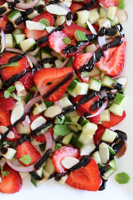 Strawberry Cucumber Salad This easy light summer salad, made with cucumbers, strawberries, almonds and fresh herbs is great alongside grilled chicken, fish or for a light lunch you can double the serving and add some goat cheese to the mix or serve it over quinoa for more protein.