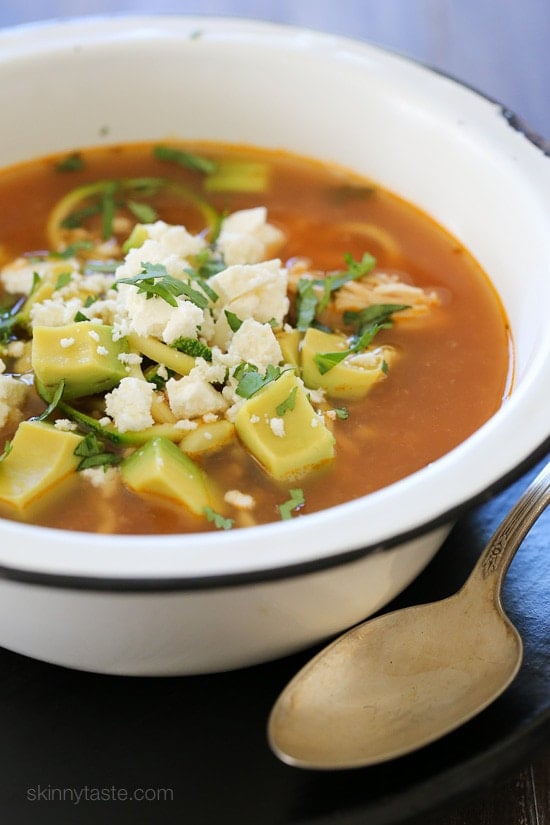 Slow Cooker Chipotle Chicken Zucchini "Fideo" Soup Tender-crisp veggie noodles make a wonderful low-carb pasta replacement in this delicious, Latin inspired Chipotle Chicken Zucchini "fideo" soup combined with bright fresh cilantro, creamy avocado and some crumbled queso fresco on top.