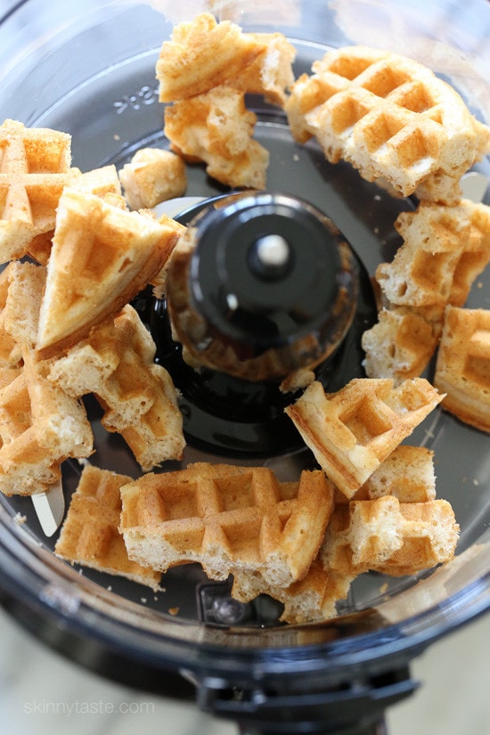 Waffle Crusted Chicken with Spicy Maple Sauce Waffles placed in the food processor.