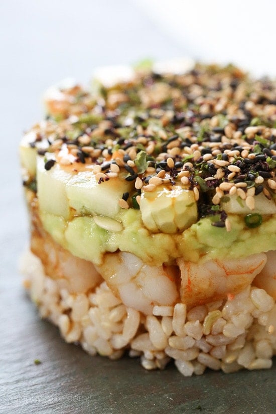Spicy California Shrimp Stack These EASY, Spicy California Shrimp Stacks will satisfy your sushi craving, and they taste SO GOOD! Layered with cucumber, avocado, shrimp and brown rice, then topped with a spicy mayo – YUM!
