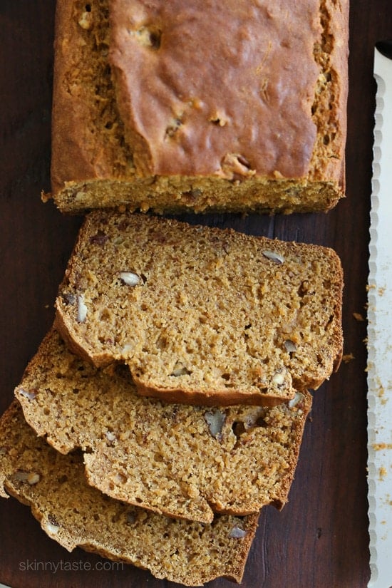 Pumpkin Banana Pecan Bread So moist and flavorful, this bread is made light by replacing butter with lots of bananas, pumpkin and apple sauce.