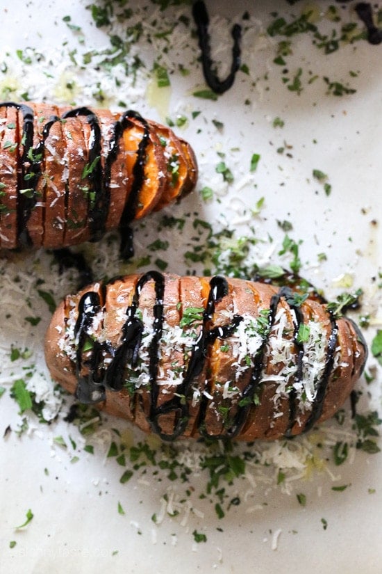 Parmesan Hasselback Sweet Potatoes with Balsamic Glaze