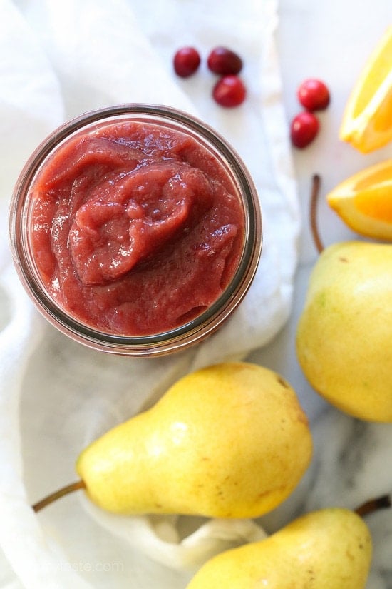 Sweet Autumn pears compliment tart cranberries in this wonderful cranberry pear butter spread, perfect for Thanksgiving, Friendsgiving or anytime you want to add a little sweet-tartness to your meal.