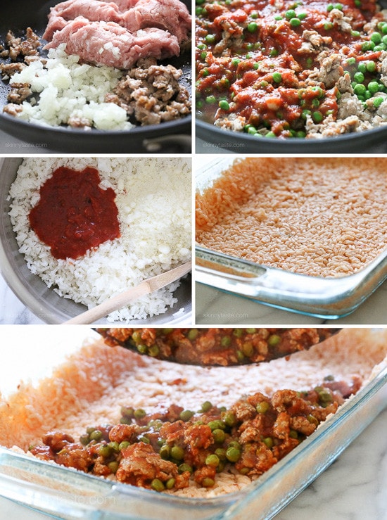 Sicilian Rice Ball Casserole filled with ground turkey and a little sausage adds lots of flavor, plus peas and sauce. Freezes well, great for potlucks and family friendly!