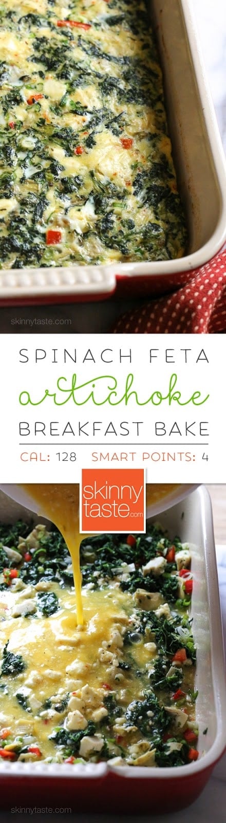 Spinach, Feta, and Artichoke Breakfast Bake Eggs, spinach, artichokes and Feta cheese – a healthy breakfast casserole bake, perfect to feed a crowd. If you have family staying over for the holidays, this couldn't be easier.