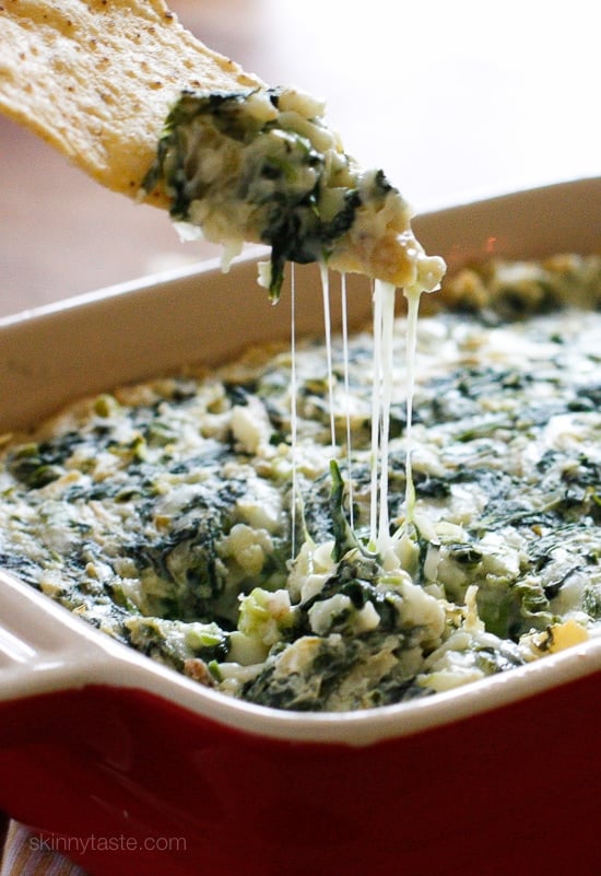 This easy, cheesy, Hot Spinach Artichoke Dip has yogurt to lighten it up.