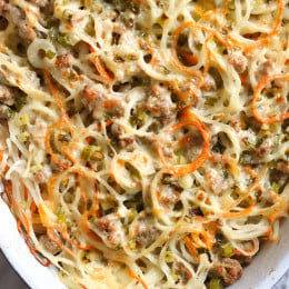 This spiralized turnip, carrot and potato au gratin casserole is baked with turkey in a light cream sauce finished with grated Gruyere cheese – a dish worthy for your Holiday table.