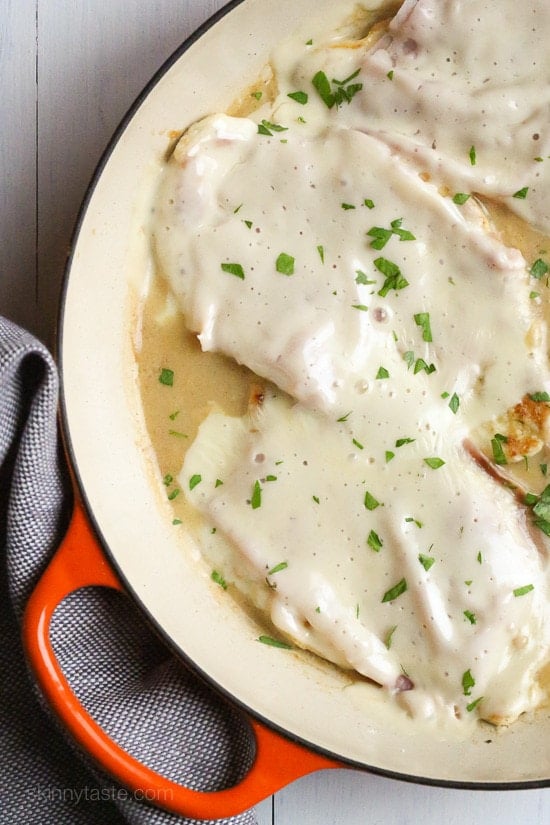 Skillet Chicken Cordon Bleu This EASY Skillet Chicken Cordon Bleu is made with thin sliced boneless chicken cutlets, lightly pan fried then topped with ham and swiss in a light Lemon-Dijon Sauce. No rolling!