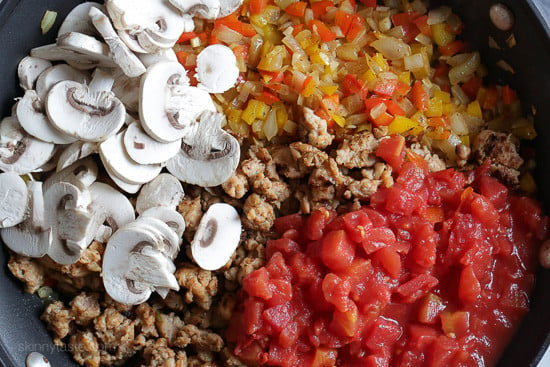 Chicken sausage, bell peppers, onions and mushrooms simmered in a marinara sauce then baked in the casserole with whole wheat macaroni topped with mozzarella.