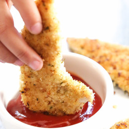 These juicy, flavorful chicken tenders are marinated in pickle juice then breaded and baked in the oven or air fryer!