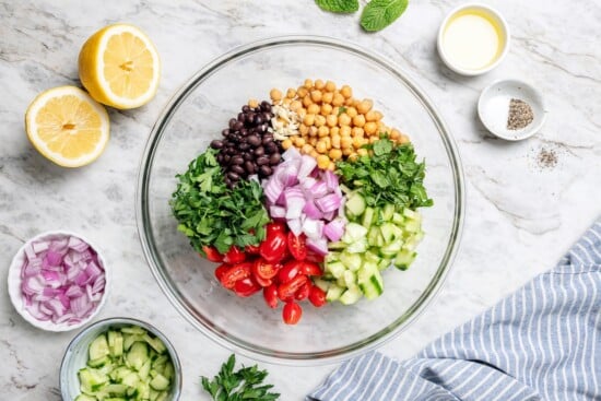 This easy garbanzo bean Mediterranean salad is fresh, simple, and full of flavor, made with minimal prep and wholesome ingredients. Ingredients for Mediterranean bean salad.