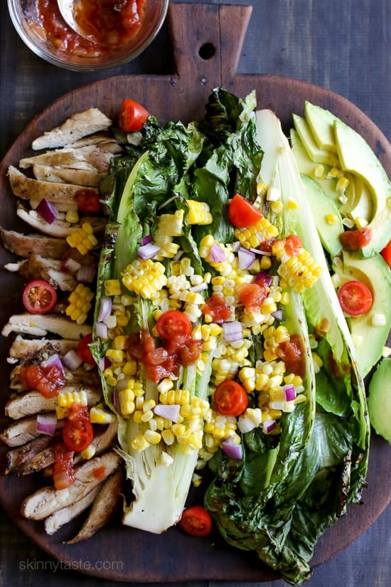 Grilled Romaine, Corn and Chicken Salad with Salsa Dressing, an EASY 15-minute main dish salad you'll want to make all summer long!